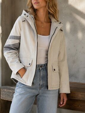 Able Jeans Hooded Utility Cargo Jacket XS Cream Gray Colorblock